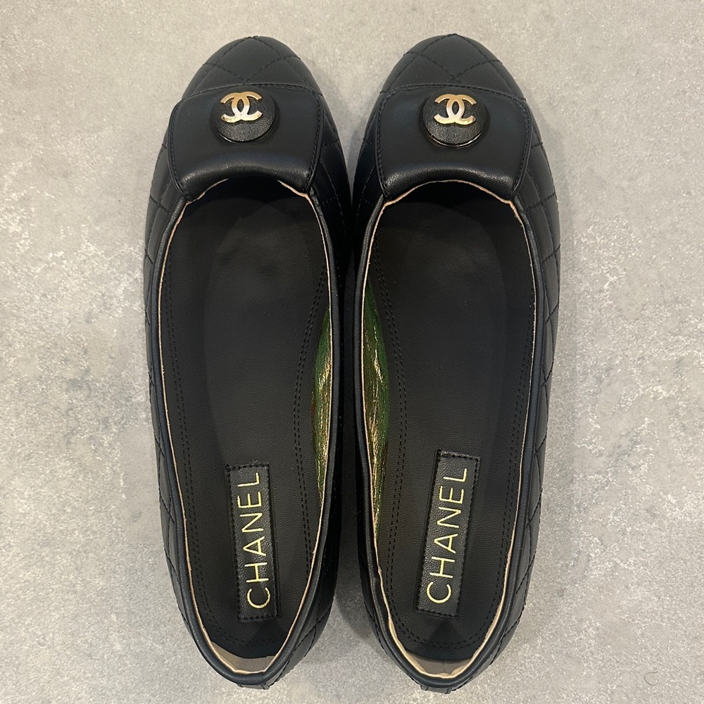 CHANEL Black Quilted Flats with Gold Accents look a like